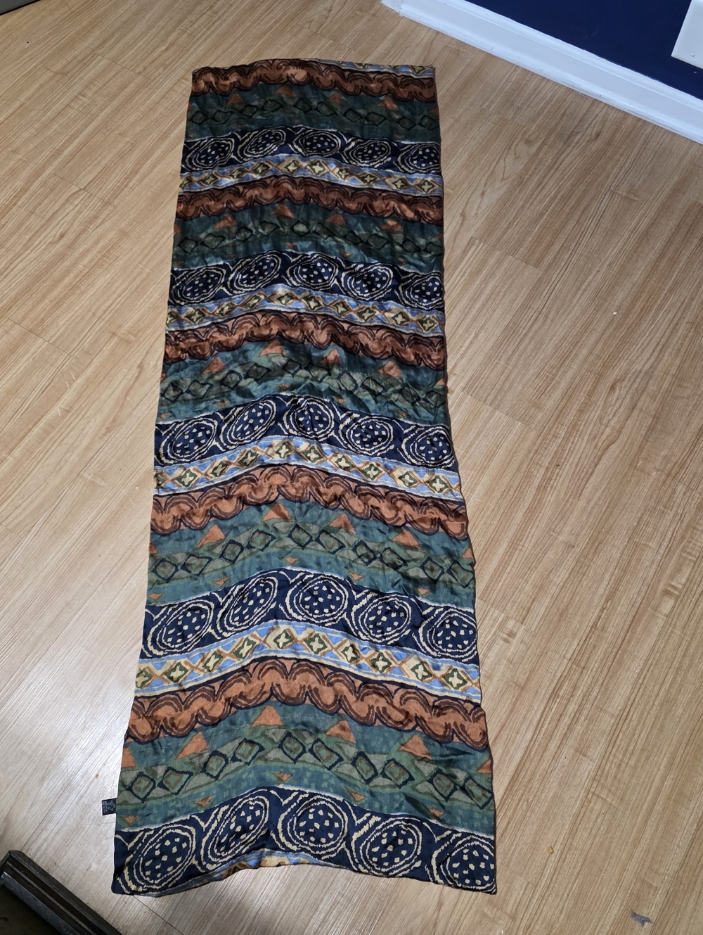 Boho Printed Scarf in Green, Rust & Navy 100% Silk Long Multi-Color Scarf